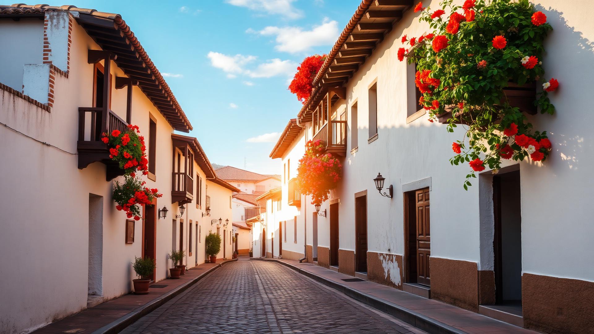 Calle empedrada de Barichara con casas coloniales y buganvillas