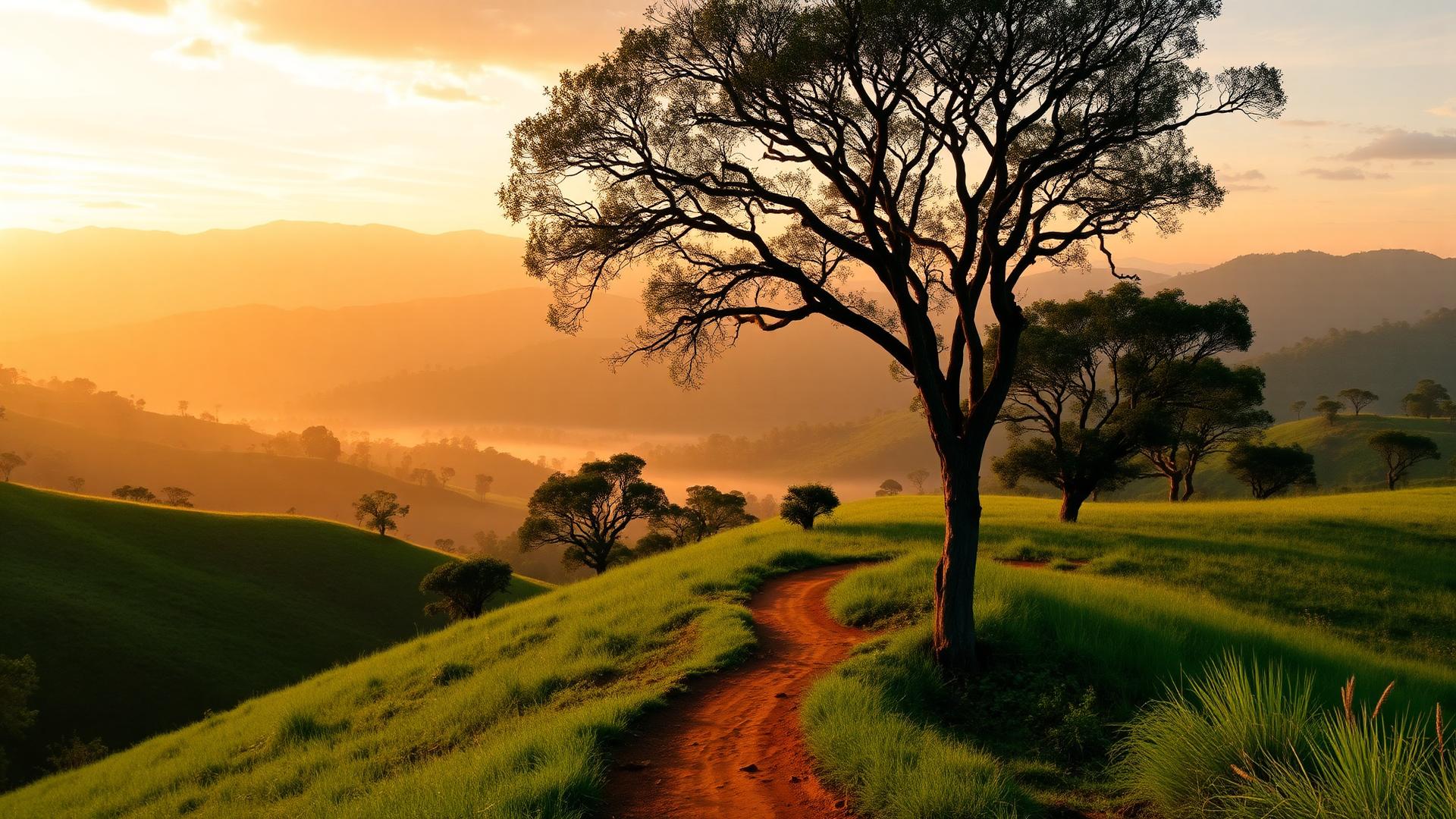 Colinas verdes de Santander con ceibas al amanecer